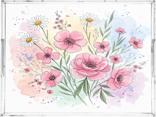 Watercolor Flowers Pink Serving Tray 12" x 16" Acrylic Trays with Handles Decorative Serving Platter for Coffee, Breakfast in Bed, Dinner, Appetizers, Patio, Party