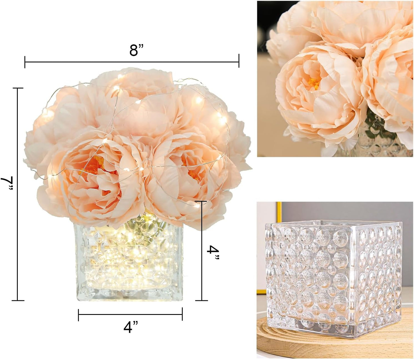 Artificial Peony Silk Flower Centerpieces with LED Light Faux Floral Arrangement in Glass Vase for Home Wedding Table Decoration (Blush Peach)
