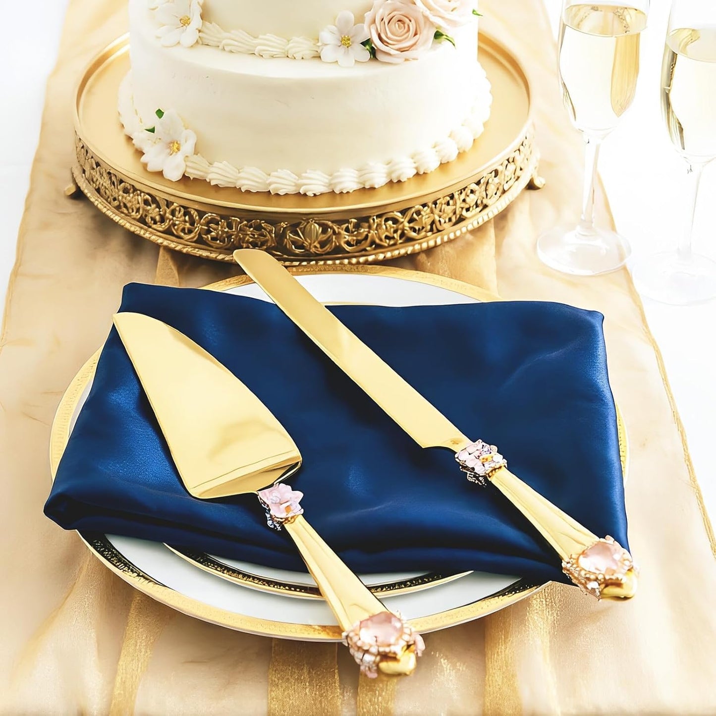 Handcrafted Luxury Gold Wedding Cake Knife and Server Set – Stainless Steel with Crystal & Gemstone Embellished Handles, Gift for Wedding, Anniversary, Engagement, Bridal Shower (pink)