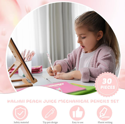 Breling 30 Pcs Kawaii Peach Mechanical Pencil Gift Set 12 Mechanical Japanese Pencils 6 Cute Peach Eraser 12 Tube HB Refill Graduation First Day of School Office Gift(0.5mm)