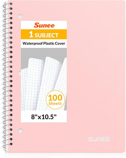 SUNEE Spiral Notebook, 1-Subject, Graph Ruled Paper, 8" x 10-1/2", 100 Sheets per Notebook, 3-Hole Punched Paper, Water Resistant Cover, Spiral Grid Notebooks for Work, Home, School, Writing, Pink