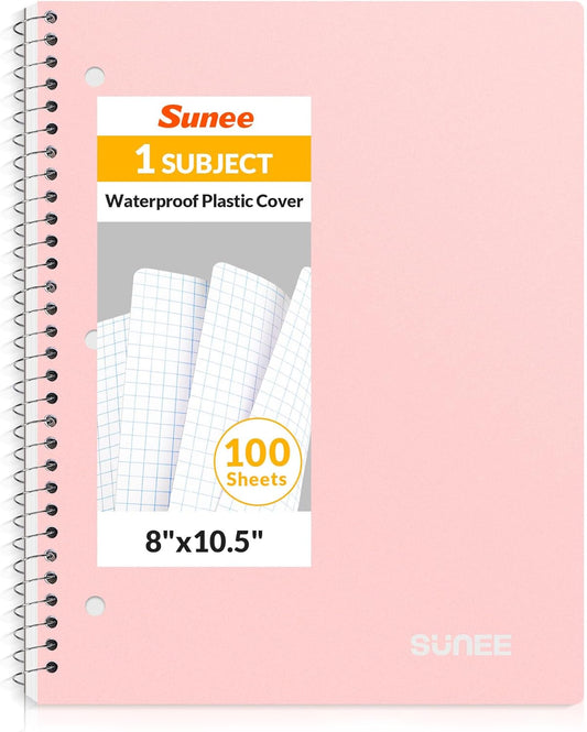 SUNEE Spiral Notebook, 1-Subject, Graph Ruled Paper, 8" x 10-1/2", 100 Sheets per Notebook, 3-Hole Punched Paper, Water Resistant Cover, Spiral Grid Notebooks for Work, Home, School, Writing, Pink