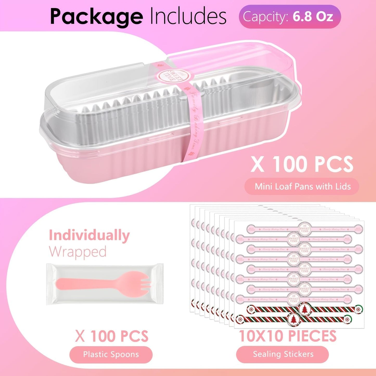 Mini Loaf Pans With Lids and Spoons, 100 PCS 6.8oz Mini Cake Pans for Baking, Aluminum Foil Loaf Pans, Small Aluminum Cake Tins, Cake Pans with Clear Lids,Sporks，Stickers(Pink)
