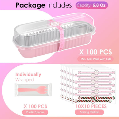 Mini Loaf Pans With Lids and Spoons, 100 PCS 6.8oz Mini Cake Pans for Baking, Aluminum Foil Loaf Pans, Small Aluminum Cake Tins, Cake Pans with Clear Lids,Sporks，Stickers(Pink)