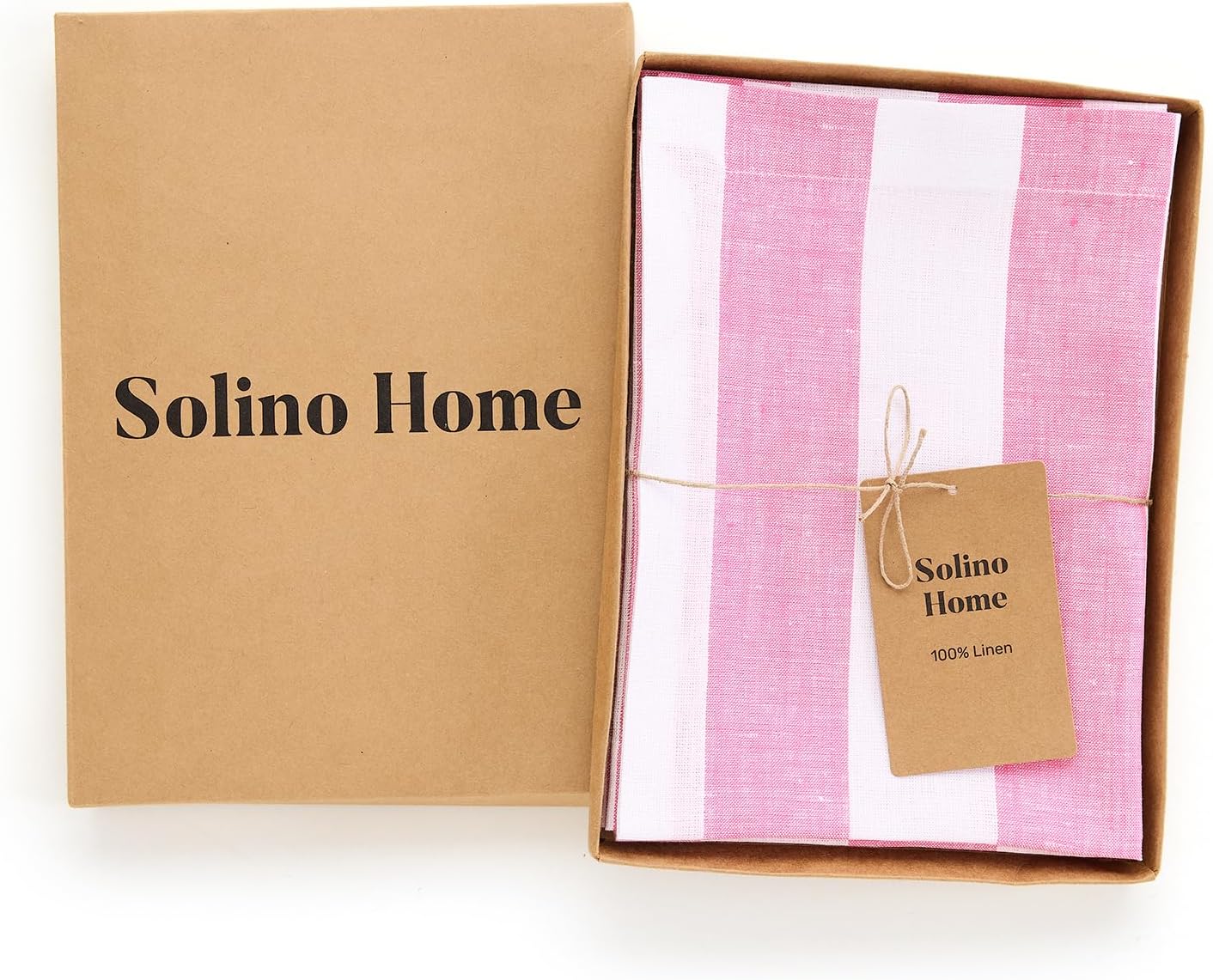 Solino Home Linen Cloth Placemats Set of 4 - Cabana Stripe 100% Pure Linen Pink and White Farmhouse Placemats 14 x 19 Inch for Summer