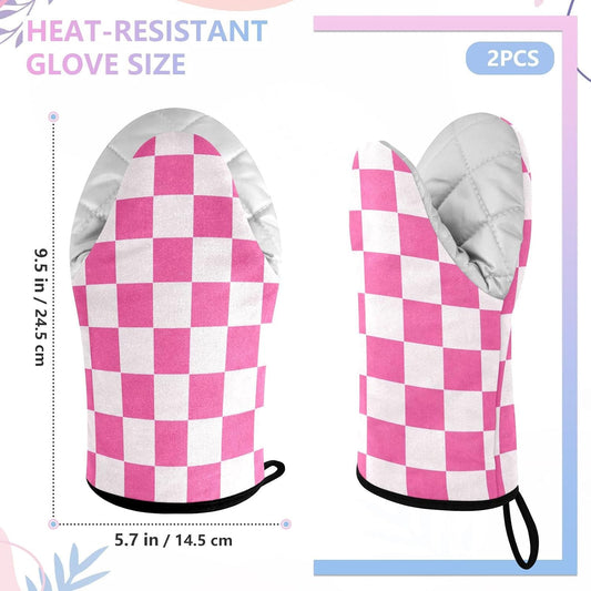 Oven Mitt 2 Pack Set White and Pink Checkered Plaid Kitchen Mitts Gloves for for Cooking Baking Grilling