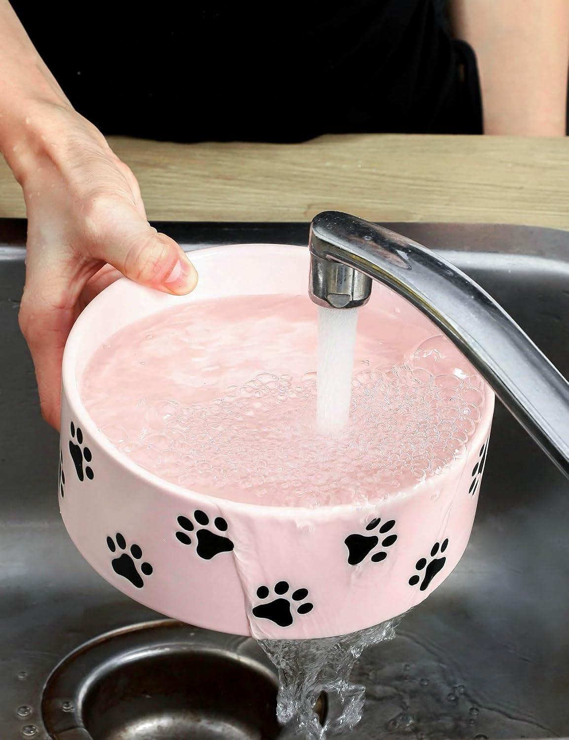 6.5 Inch Pastel Pink Ceramic Dog Bowl with Paw Print Pattern - Porcelain Wide Mouth Dog Food or Water Bowls, Large Feeding Pet Bowls for Indoor Medium Sized Dogs, for Wet or Dry Food