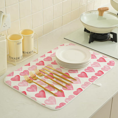 Valentines Day Dish Drying Mats 18x24 Inch Love Pink Heart Drying Mats Anniversary Mother's Day Holiday Valentines Decorations Absorbent Drying Dish Mats for Kitchen Dining Room Counter Decor
