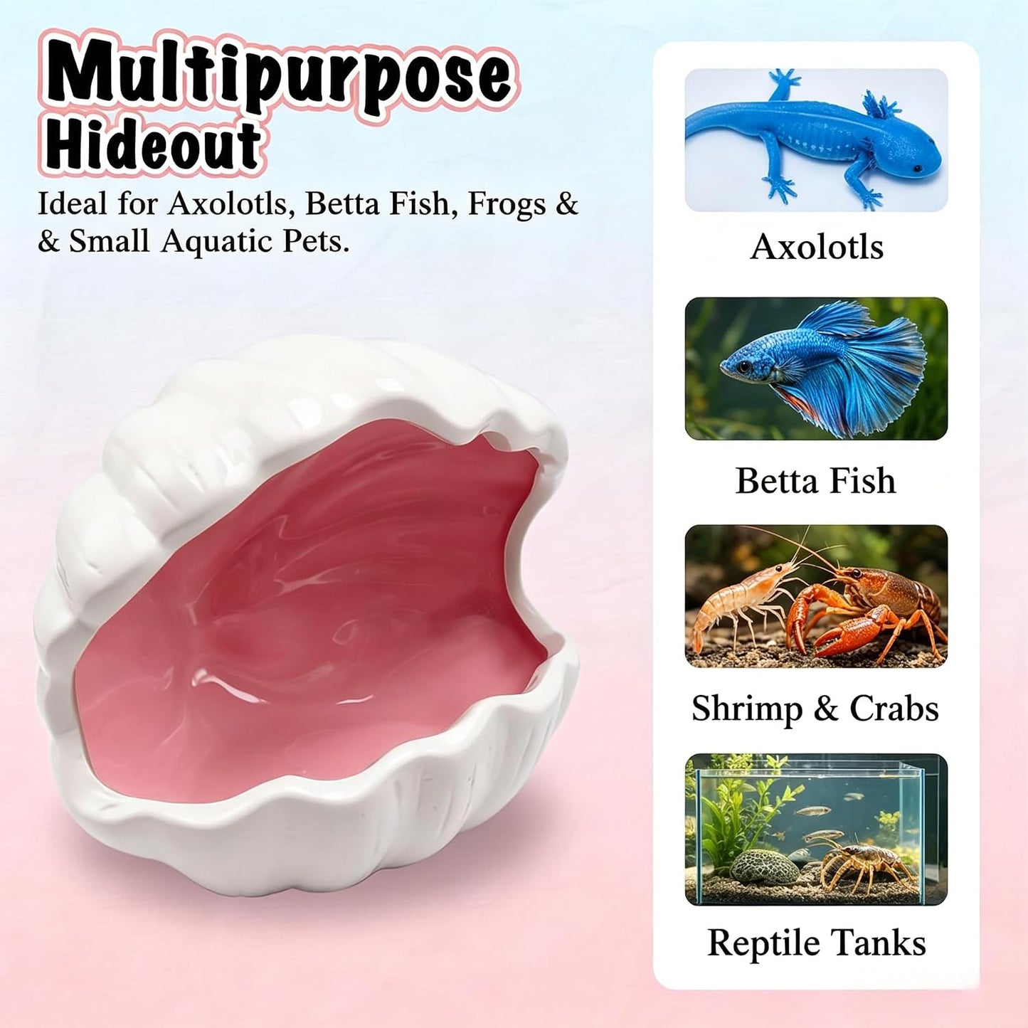 Axolotl Tank Accessories - Extra Large Ceramic Fish Tank Cave with 2PCS Artificial Plants, Double Sided Glaze Shell Shape Hideout, Aquarium Hides Cave Decor Shelter for Betta, Pet Frog, Fish(Pink)