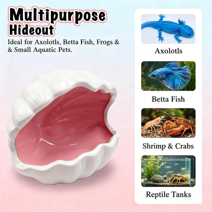 Axolotl Tank Accessories - Extra Large Ceramic Fish Tank Cave with 2PCS Artificial Plants, Double Sided Glaze Shell Shape Hideout, Aquarium Hides Cave Decor Shelter for Betta, Pet Frog, Fish(Pink)