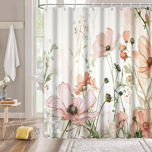 Dusty Pink Floral Shower Curtain, Spring Watercolor Wildflower Shower Curtain Set Waterproof Modern Farmhouse Bathroom Decor with Hooks, 72x72 Inch