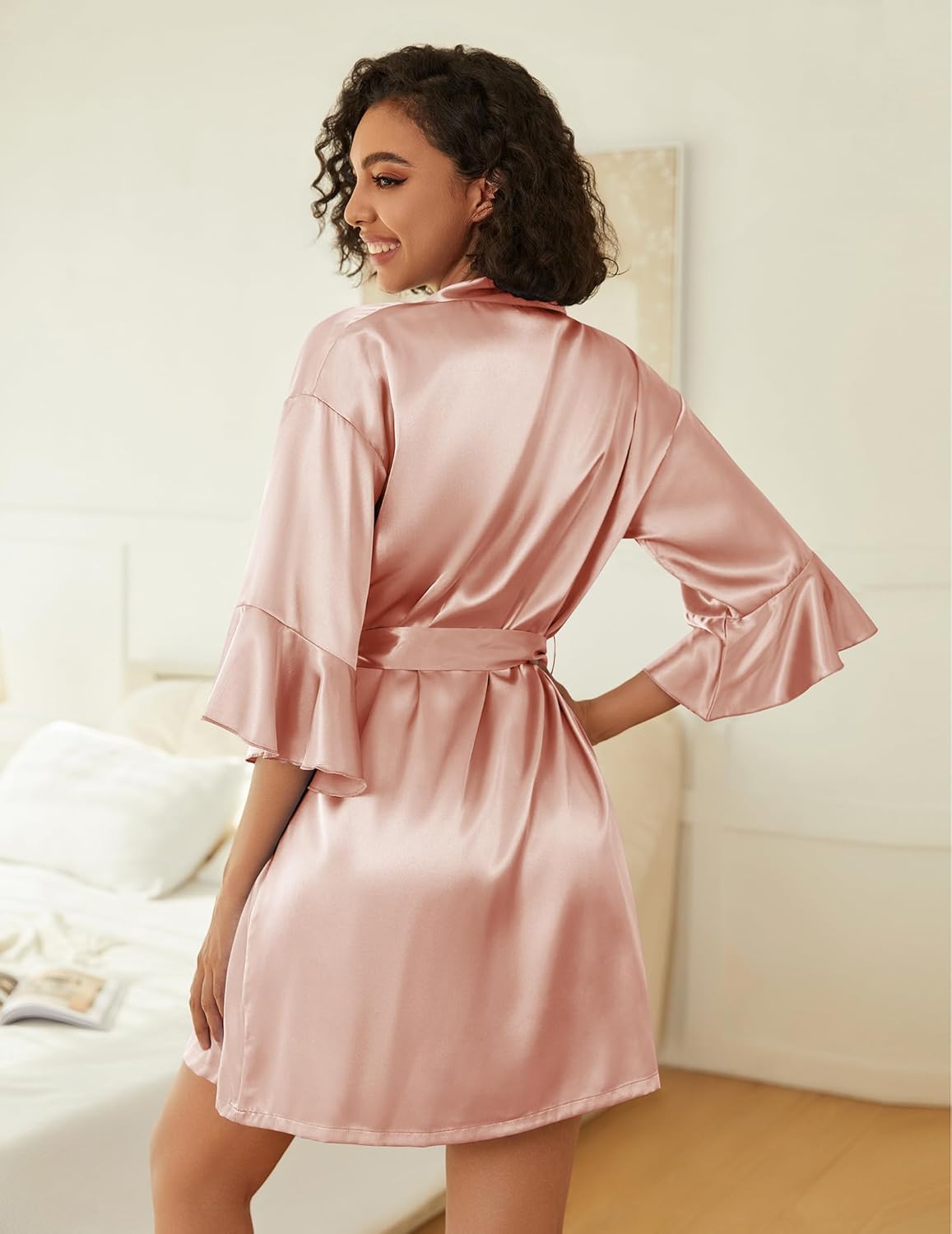 Ekouaer Women's Silk Robe Set V-neck 2 Piece Bridal Party Robes and Satin Bathrobe Set with Pockets
