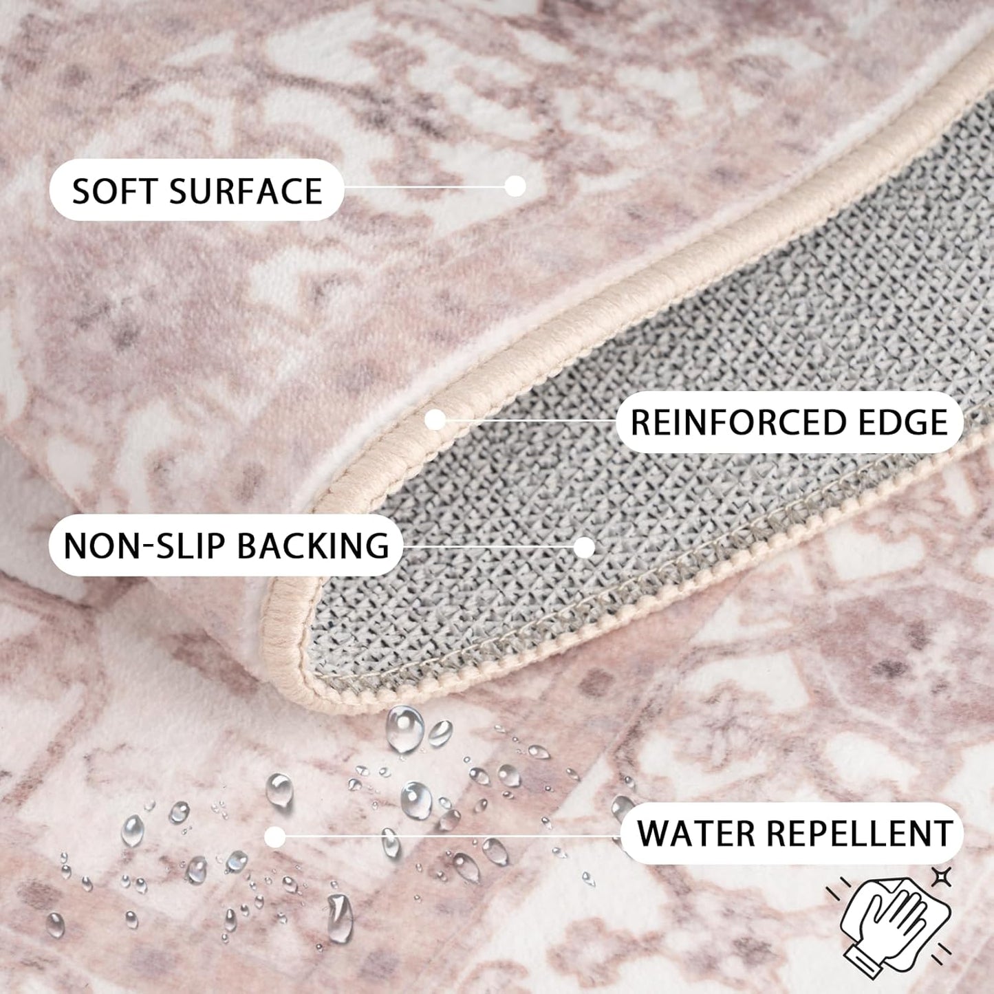 Washable 9x12 Area Rugs, Rugs for Living Room, Low-Pile Water&Stain Resistant Carpet Vintage Distressed Printed Non-Slip Carpet for Bedroom Bathroom Kitchen-Pink