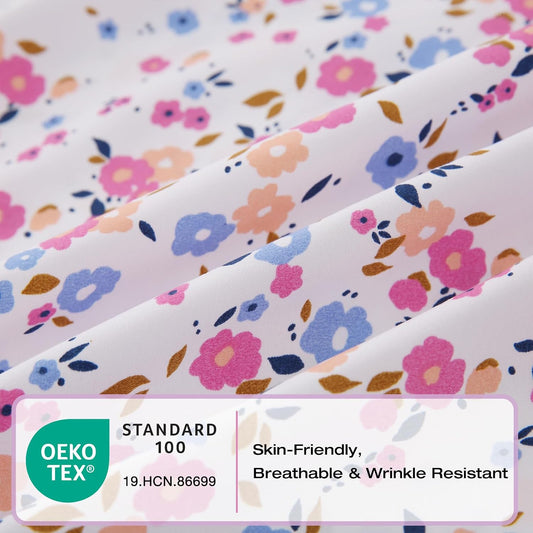 Yibeizi Blue Pink Floral Sheet Set Queen 4 Piece, Coquette Cottagecore Aesthetic Flower Shabby Chic Pattern Bed Sheets Cute Soft Microfiber Extra Deep Pocket Fitted Bedsheet