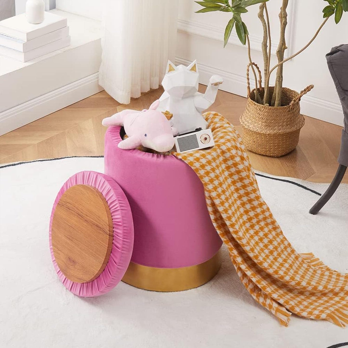 Velvet Storage Ottoman Multipurpose Footrest Stool with Metal Base Modern Round Vanity Stool Chair Ottoman Foot Stools Support 300 lbs Padded Seat for Living Room (Rose Pink)