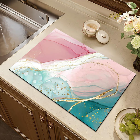 HVEST Pink Marble Dish Drying Mat for Kitchen Counter, Green and Gold Abstract Marble Print Diatomaceous Absorbent Drying Mat for Kitchen Coffee Table Bar Decor Mats, 24W X 16L inches