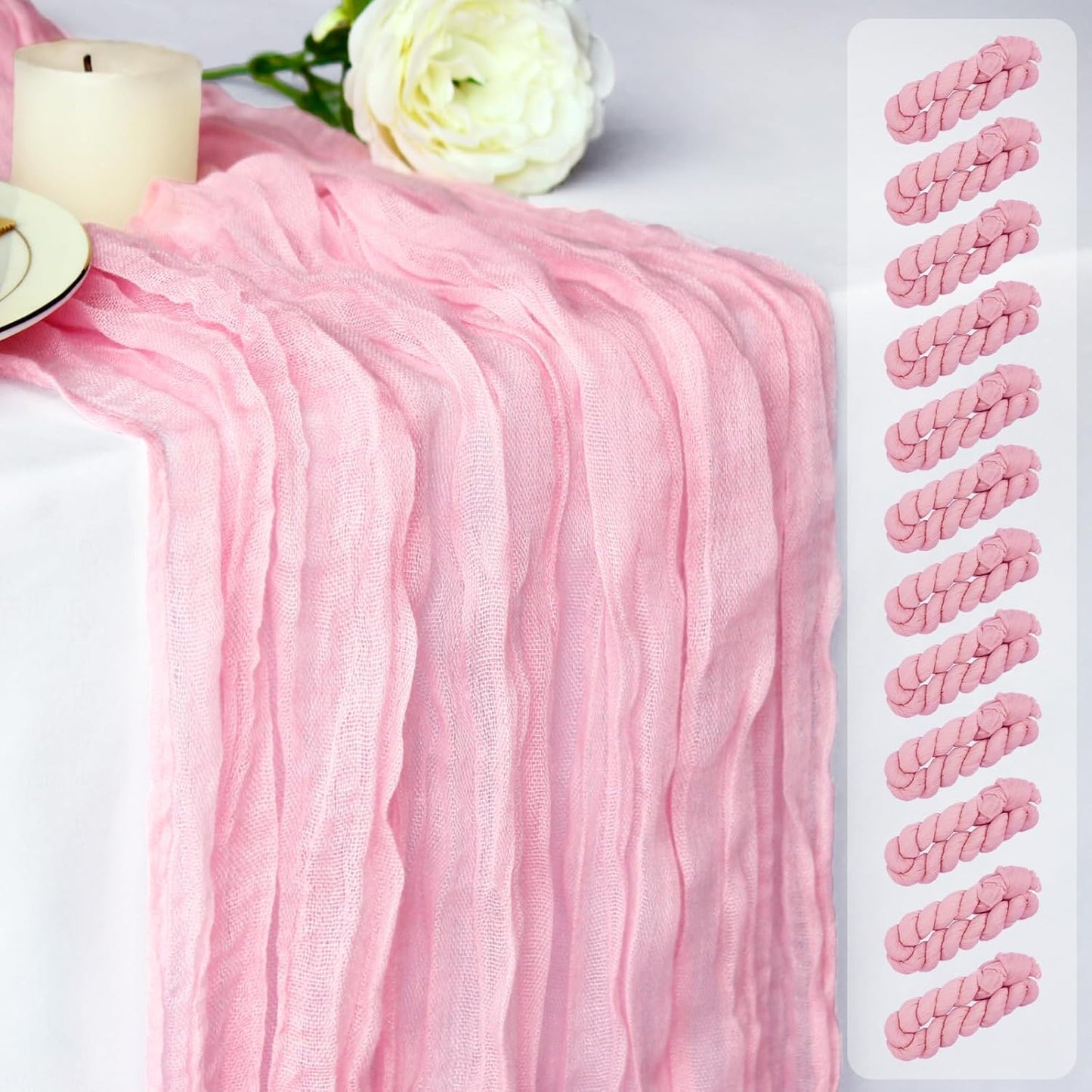 Pink Cheesecloth Table Runner 12 Pack 120 Inch Light Pink Cheese Cloth Table Runner 10ft Long Gauze Table Runners for Wedding Decor Bridal Shower Baby Shower Party Table Decorations