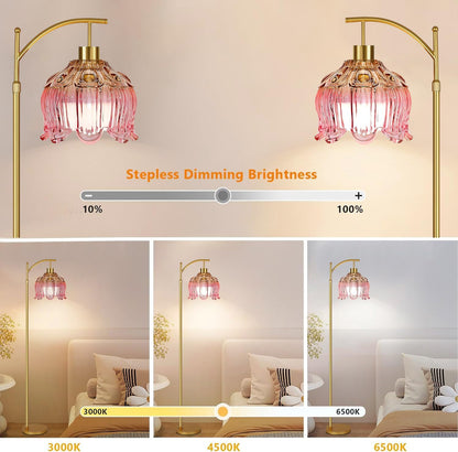 QIYIZM Pink Floor Lamp for Living Room,Bedroom,Gold Dimmable Standing Lamp with Remote,Mid Century Modern Brass Tall Lamp Boho Floor Lamps Arc Stained Glass Flower Floor Light Lamp Girls kids Bohemian