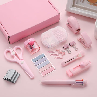 Pink Mini Office Supply Kit Mini School Supplies Desk Accessory Set Includes Mini Stapler Pencil Sharpener Staple Remover Hole Punch Ballpoint Pen Scissor Box Cutter Paper Clips Sticky Index Tabs