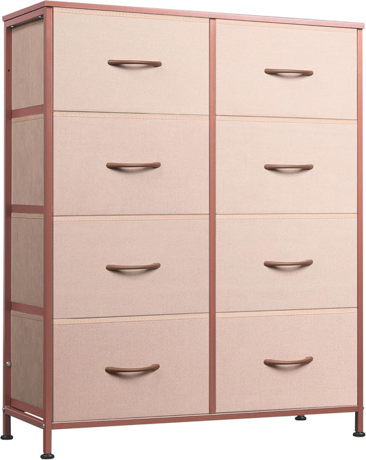 WLIVE Fabric Dresser for Bedroom, Tall Dresser with 8 Drawers, Storage Tower with Fabric Bins, Double Dresser, Chest of Drawers for Closet, Playroom, Dormitory, Pink and Rose Gold