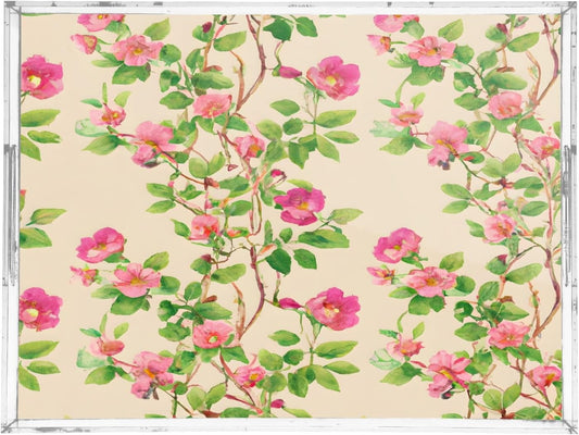 Kigai Pink Floral Leaves Serving Tray with Handles, 12x16 Inch Decorative Acrylic Tray Organizer, Multi-Purpose Sturdy Serving Platter for Coffee Table, Kitchen, Vanity, Nightstand