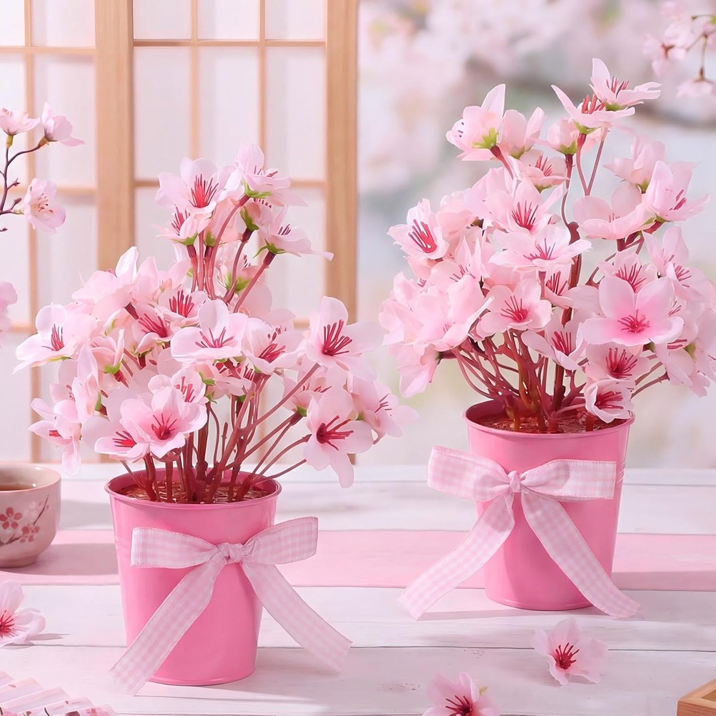 Suncalla 2 Pack Small Artificial Cherry Blossom Plant in Pots Faux Flower Potted Plants Pink Arrangement Rustic Home Decor 7.9" Tall for Sakura Japanese Table Centerpiece Windowsill Indoor Decor