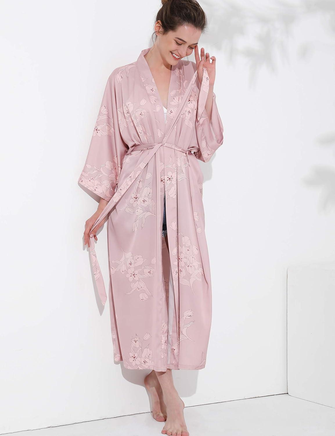 Aensso Long Floral Kimono Robe for Women Luxury Lightweight Silky Japanese Satin Bathrobe for Bridal, Spa & Lounging