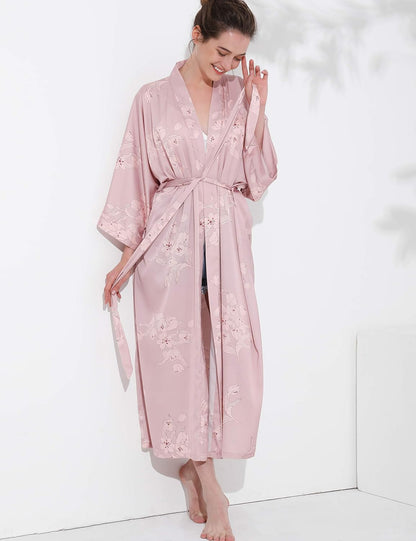 Aensso Long Floral Kimono Robe for Women Luxury Lightweight Silky Japanese Satin Bathrobe for Bridal, Spa & Lounging