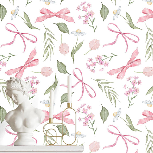 Faccito Pink Bow Floral Peel and Stick Wallpaper 15. 75 x 118 Inch Watercolor Bow Flowers Wallpaper Coquette Aesthetic Wall Paper Adhesive Removable Room Decor for Girls Bedroom Kids Room Cabinets