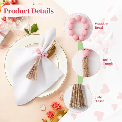 APTWOW Valentine Napkin Rings Set of 6, Pink Wooden Bead Napkin Rings for Table Decor, Valentine's Day Farmhouse Napkins Rings for Boho Table Decor, Spring Banquet, Wedding, Easter
