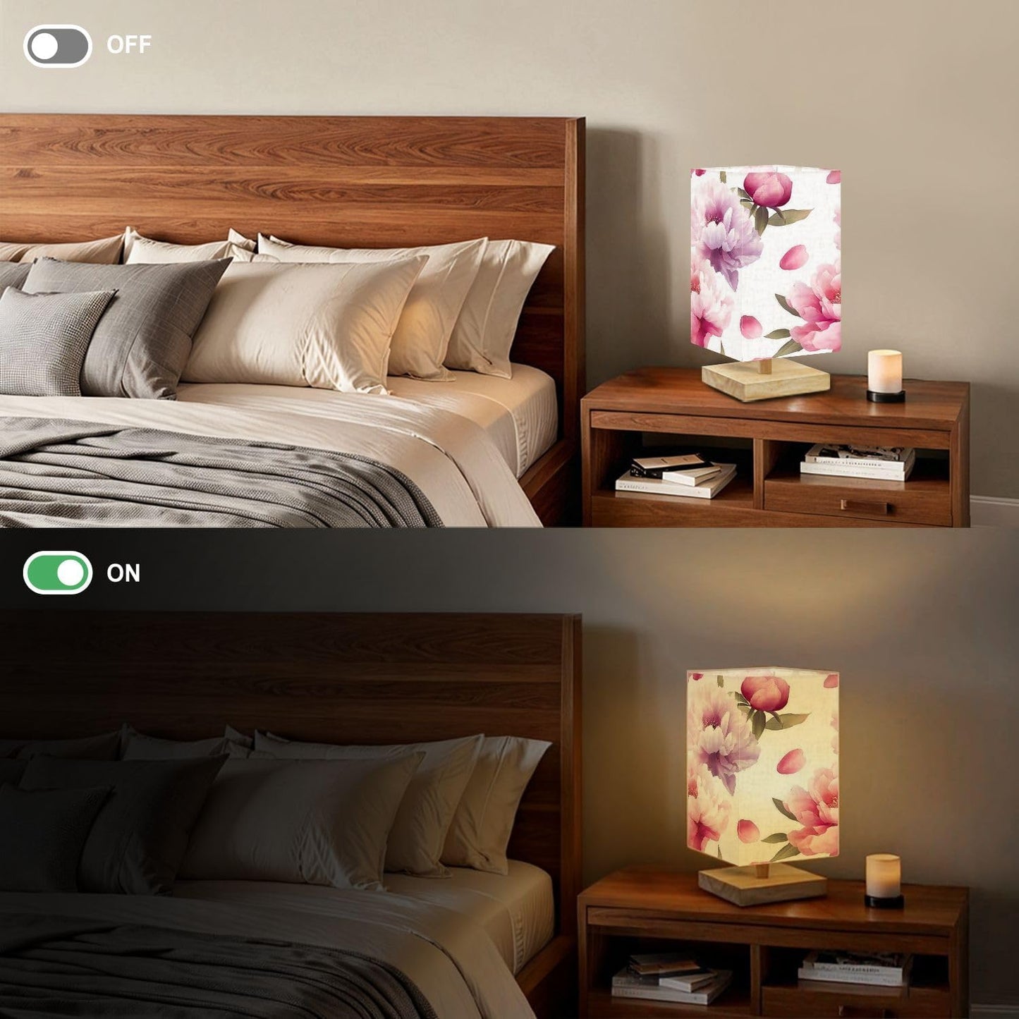 Square Table Lamp for Bedroom Soft Pastel Peony Floral Light Pink Purple Flowers Beside Lamps Desk lamp with Wood Base Nightstand Lamps for Nursery Living Room Home Decor