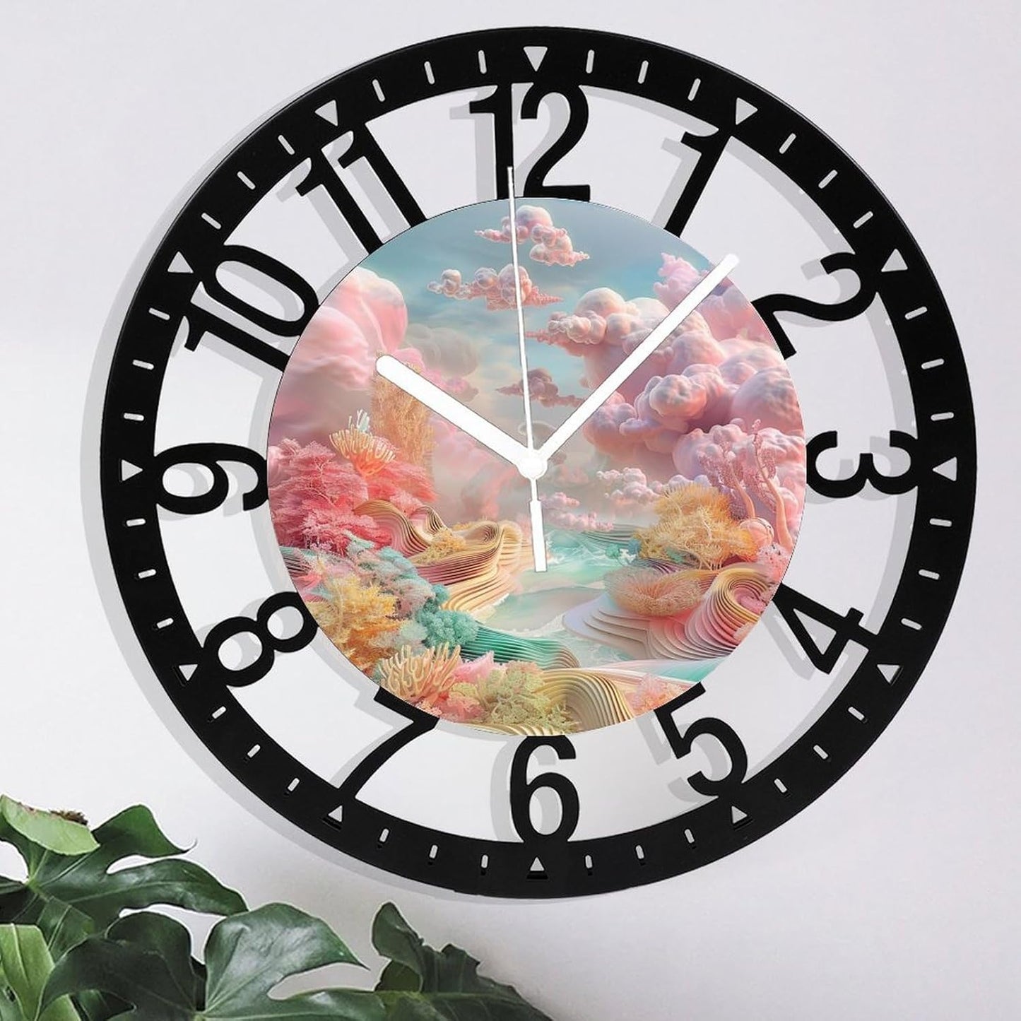 Metal Wall Clock for Living Room -10" Pastel Coral Landscape Pink Clouds Silent Non Ticking,Battery Operated, Antique Clocks for Farmhouse,Bedroom,Kitchen - Arabic Numerals