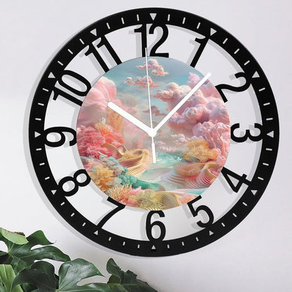 Metal Wall Clock for Living Room -10" Pastel Coral Landscape Pink Clouds Silent Non Ticking,Battery Operated, Antique Clocks for Farmhouse,Bedroom,Kitchen - Arabic Numerals