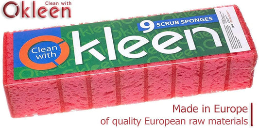 Pink Multi Use Scrub Sponges. Made in Europe. 9 Pack, 4.3x2.8x1.4 inches. Odorless Heavy Duty & Non Scratch Fiber. Durable and Delicate Scrubber for Kitchen & Bathroom, Housekeeping & Outdoors