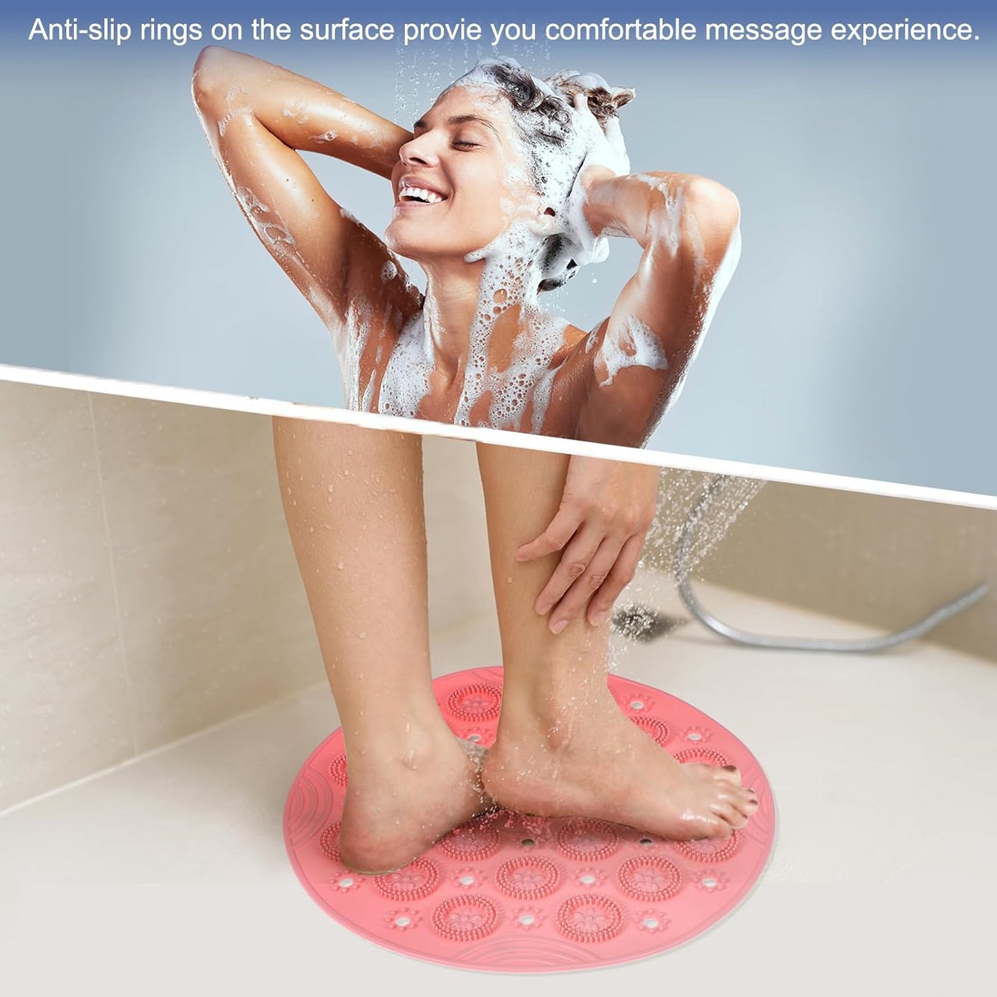 PATIKIL 11.81 x 11.81 Round Non-Slip Shower Mat, PET Bathtub Floor Mat with Suction Cups & Drain Holes for Shower Stall Bathroom Bathtub, Pink