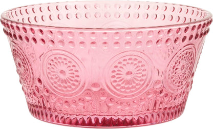 Boston International Vintage-Inspired Glass Serving Bowl with Embossed Floral Pattern for Salad Snacks Dinner, Small 4.75" x 2.25", Pink Codi