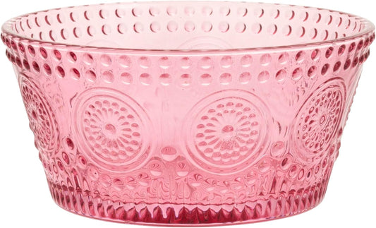 Boston International Vintage-Inspired Glass Serving Bowl with Embossed Floral Pattern for Salad Snacks Dinner, Small 4.75" x 2.25", Pink Codi