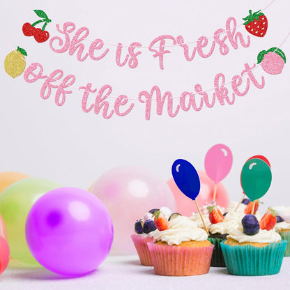 GXSOVSO She is Fresh off the Market Banner, Fruit Bridal Shower Banner, Market Farmers Bachelorette Party Decorations, Engagement Party Decorations (Pink)