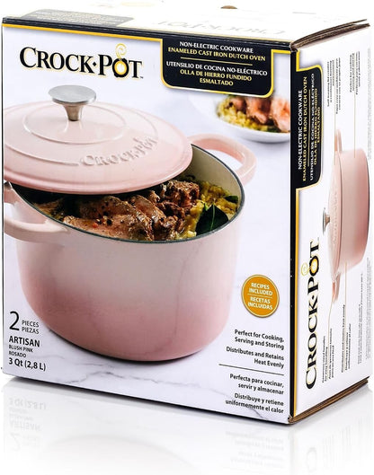 3 Quart Enameled Cast Iron Dutch Oven with Lid – Round Mini Casserole Pot with Self-Basting Cover & Stainless Steel Knob, Even Heat Distribution for Braising, Baking & Simmering (Pink, 3 Quart)