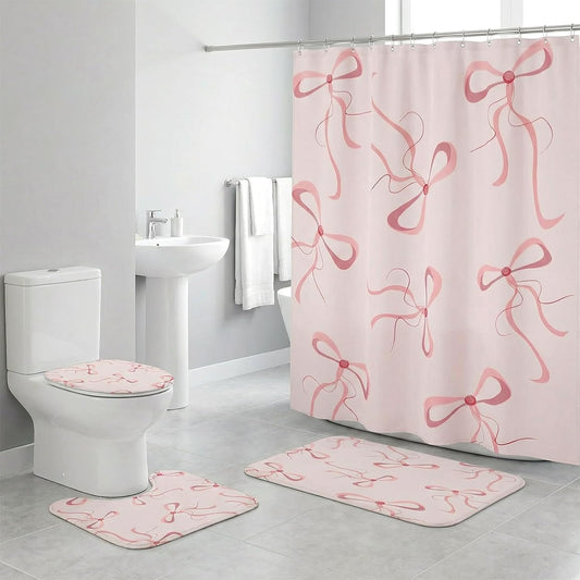 4Pcs Pink Bow Shower Curtain Set, Complete Pink Bathroom Set Includes 70.8x70.8 Inch Curtain, Toilet Lid Cover, Non-Slip Rug, U-Shaped Mat, and 12 Hooks for Aesthetic Decor