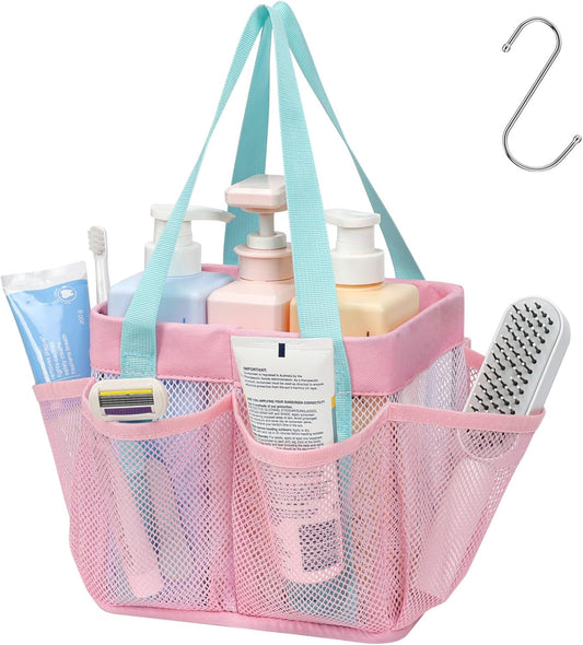 F-color Mesh Shower Caddy Portable Stand Up - 8 Pockets Organizer Shower Bag Basket for College Dorm Room Essentials, Toiletry Bathroom Tote with S Hook for Camping Gym Travel, Pink with Mint Green