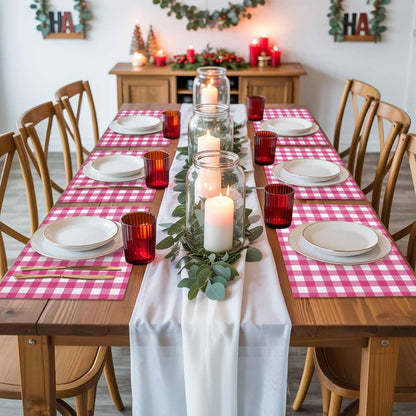 Peach Pink Checked Placemats Set of 4, Farmhouse Buffalo Plaid Country Grid Placemats for Dining Table, Place Mats for Kitchen Tabletop, Waterproof Wipeable Dining Table Mats Set