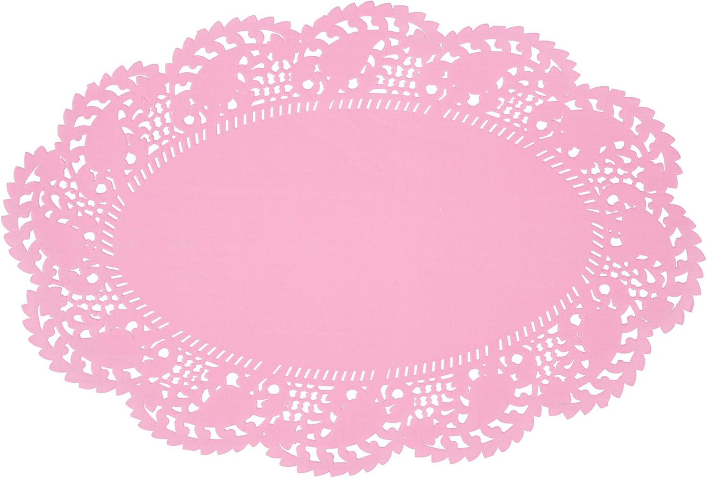 Restaurantware-Pastry Tek 12.5 x 8.5 Inch Paper Lace Doilies, 100 Oval Disposable Table Doilies - Elegant Lace Finish, Long Lasting, Pink Paper Lace Doilies, for Pastries, Cupcakes, Desserts