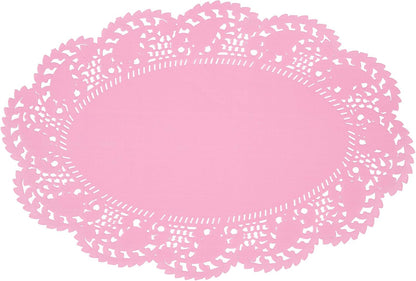 Restaurantware-Pastry Tek 12.5 x 8.5 Inch Paper Lace Doilies, 100 Oval Disposable Table Doilies - Elegant Lace Finish, Long Lasting, Pink Paper Lace Doilies, for Pastries, Cupcakes, Desserts
