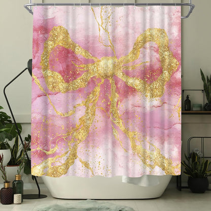 WELMECO Gold Bow Shower Curtain Modern Abstract Marble Shower Curtain 72x72inch Machine Washable Polyester Fabric with 12 Hooks Bathroom Decor (Pink)