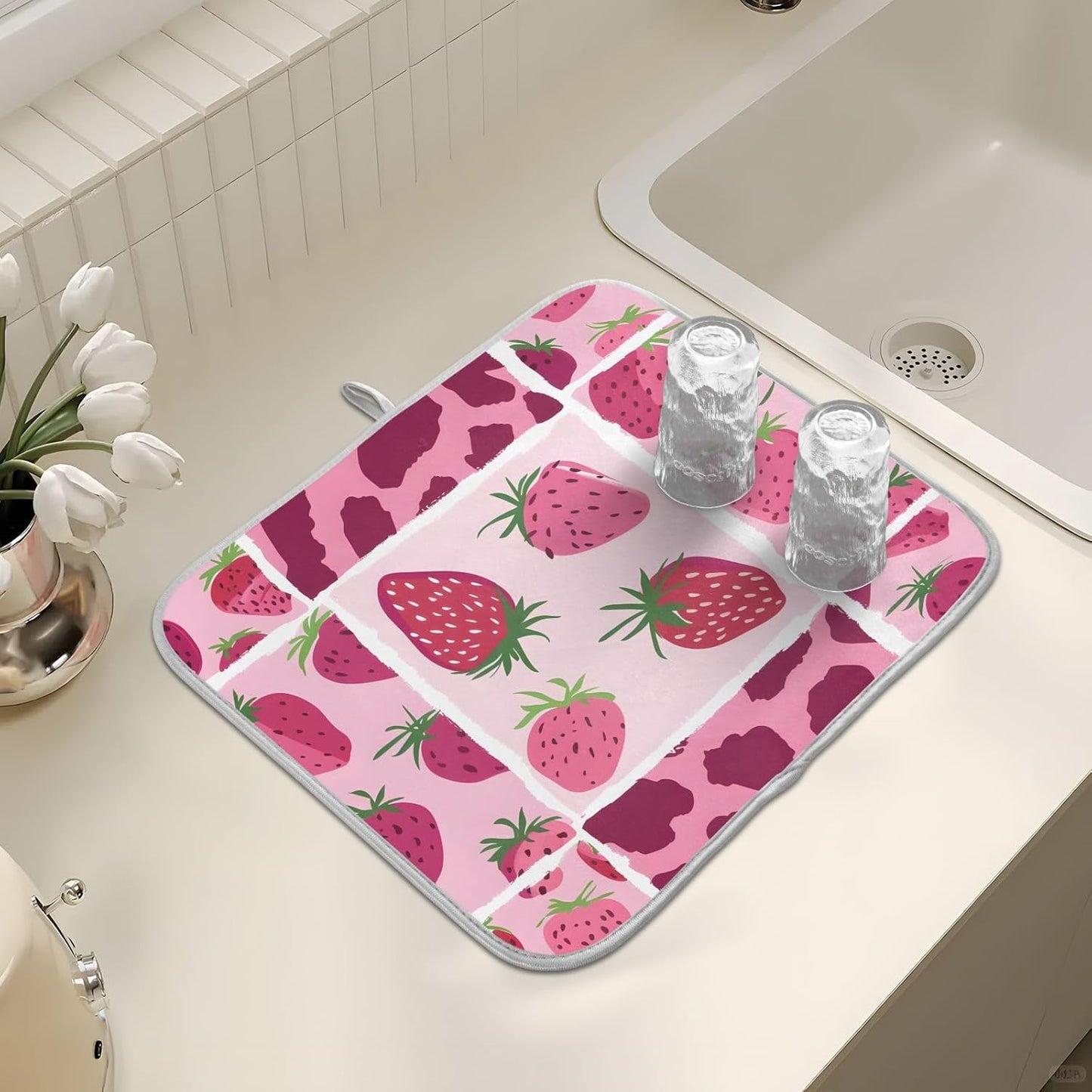 Strawberry Pink Leopard Pattern Dish Drying Mats for Kitchen Counter Mat 18x24 inch Microfiber Dish Drainer Mat Absorbent Draining Mat Rack Mat Dishes Pad