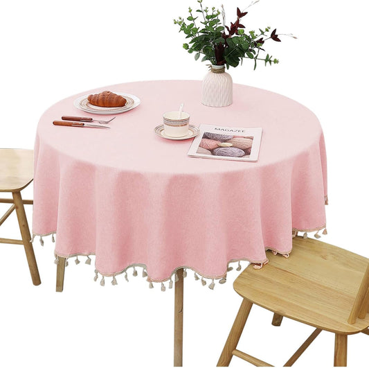 Waterproof & Spill Proof Pink Round Tablecloth - Wrinkle Free Polyester, Solid Color with Tassels Reusable Table Cover for Kitchen Dining Decor(Pink, Round-48)