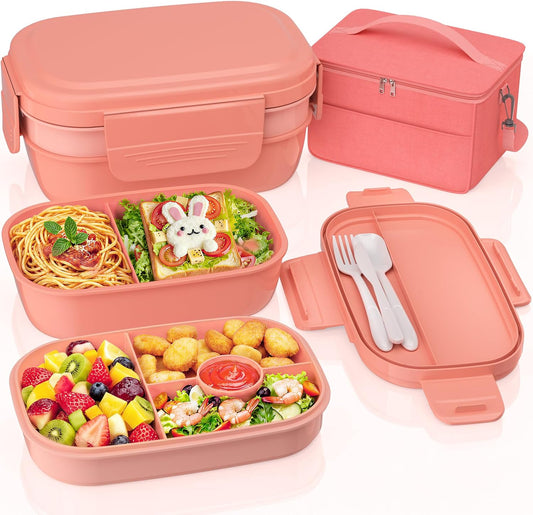 Adults Bento Lunch Box Set with Lunch Bag, 3-Tier Stackable Leak-Proof Lunch Containers, BPA-Free Bento Box with Built-in Utensils,Microwave & Dishwasher Safe for Work, School, Dining Out（Pink）
