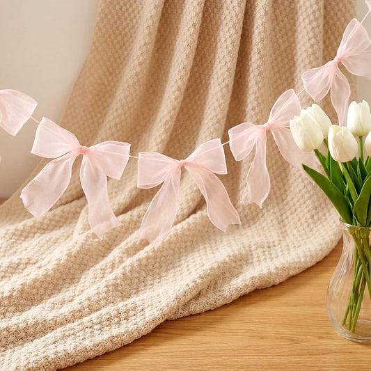 12Pcs Pink Bow Garland, Tulle Bow Garland Pink Bowknot Banner for Party Decoration, Wedding, Birthday, Engagement, Anniversary, Bridal Shower, Bachelorette Party, Baby Shower Decor