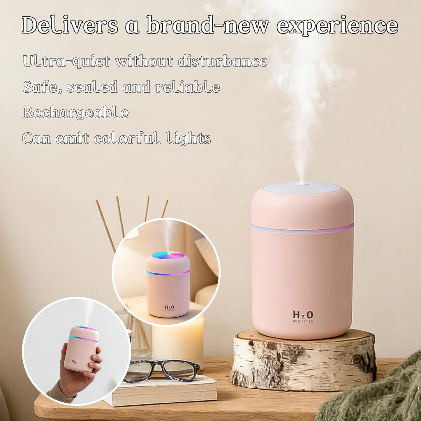 300ml USB Cool Mist Small Humidifier with Colorful Lights,Portable Mini Humidifier, Perfect for Bedroom, Office, Plants, travel & Car, Pink